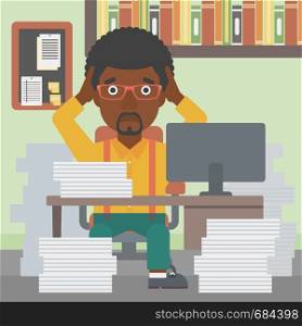 An african-american businessman in despair sitting at workplace with heaps of papers and clutching his head. Vector flat design illustration. Square layout.. Business man in despair sitting in office.