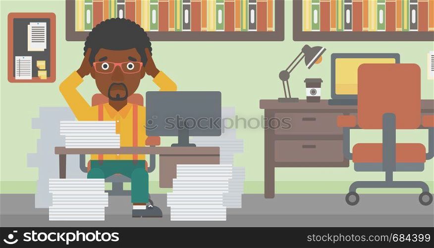 An african-american businessman in despair sitting at workplace with heaps of papers and clutching his head. Vector flat design illustration. Horizontal layout.. Business man in despair sitting in office.