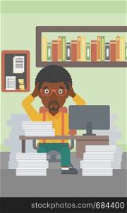 An african-american businessman in despair sitting at workplace with heaps of papers and clutching his head. Vector flat design illustration. Vertical layout.. Business man in despair sitting in office.