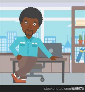 An african-american businessman leaning on a table in the office. Young smiling businessman standing in the office. Vector flat design illustration. Square layout.. Businessman standing in the office.