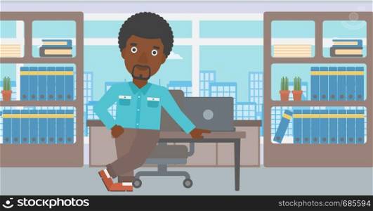 An african-american businessman leaning on a table in the office. Young smiling businessman standing in the office. Vector flat design illustration. Horizontal layout.. Businessman standing in the office.