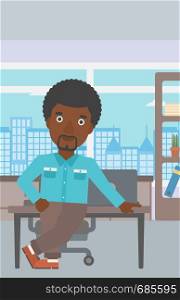 An african-american businessman leaning on a table in the office. Young smiling businessman standing in the office. Vector flat design illustration. Vertical layout.. Businessman standing in the office.