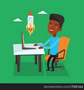 An african-american businessman looking at business start up rocket. Young businessman working on new business start up. Business start up concept. Vector flat design illustration. Square layout.. Business start up vector illustration.
