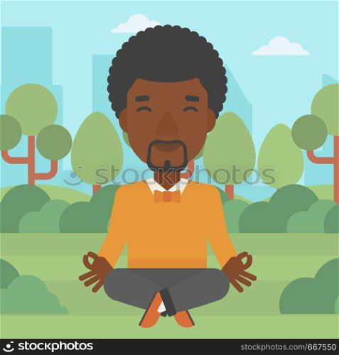An african-american businessman meditating in lotus pose in the park vector flat design illustration. Square layout.. Businessman meditating in lotus pose.