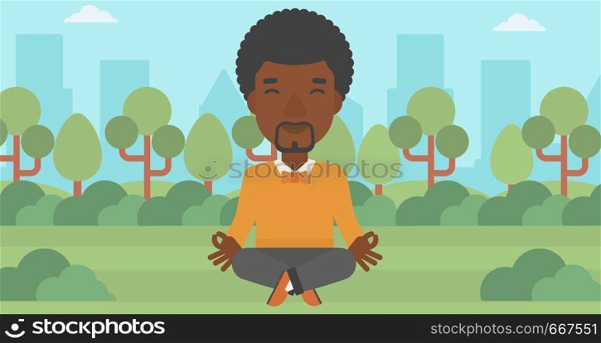 An african-american businessman meditating in lotus pose in the park vector flat design illustration. Horizontal layout.. Businessman meditating in lotus pose.