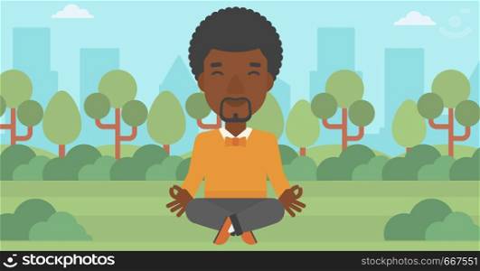 An african-american businessman meditating in lotus pose in the park vector flat design illustration. Horizontal layout.. Businessman meditating in lotus pose.