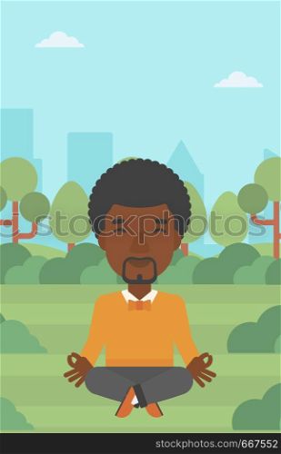 An african-american businessman meditating in lotus pose in the park vector flat design illustration. Vertical layout.. Businessman meditating in lotus pose.