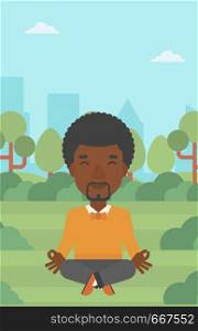 An african-american businessman meditating in lotus pose in the park vector flat design illustration. Vertical layout.. Businessman meditating in lotus pose.
