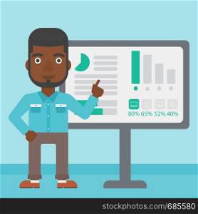 An african-american businessman pointing at charts on a board during business presentation. Man giving business presentation. Vector flat design illustration. Square layout.. Businessman making business presentation.