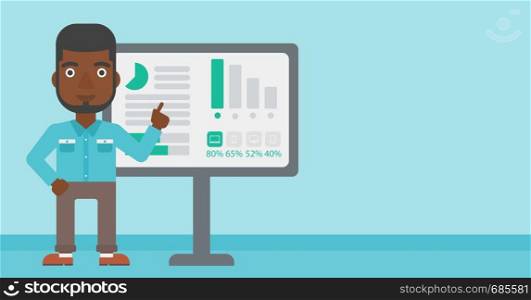 An african-american businessman pointing at charts on a board during business presentation. Man giving business presentation. Vector flat design illustration. Horizontal layout.. Businessman making business presentation.