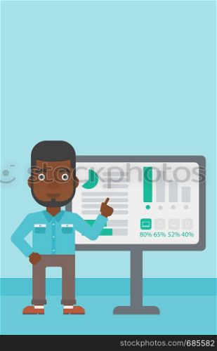 An african-american businessman pointing at charts on a board during business presentation. Man giving business presentation. Vector flat design illustration. Vertical layout.. Businessman making business presentation.