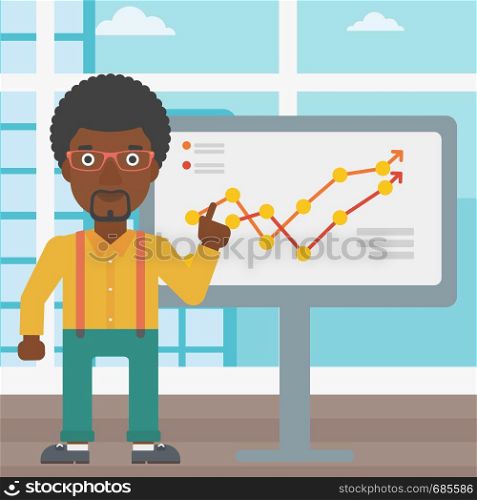 An african-american businessman pointing at charts on a board during business presentation. Businessman giving business presentation. Vector flat design illustration. Square layout.. Businessman making business presentation.