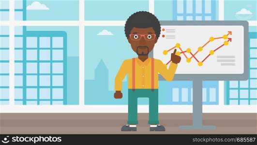 An african-american businessman pointing at charts on a board during business presentation. Businessman giving business presentation. Vector flat design illustration. Horizontal layout.. Businessman making business presentation.