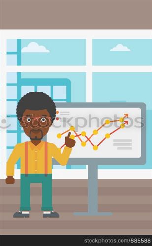 An african-american businessman pointing at charts on a board during business presentation. Businessman giving business presentation. Vector flat design illustration. Vertical layout.. Businessman making business presentation.