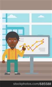 An african-american businessman pointing at charts on a board during business presentation. Businessman giving business presentation. Vector flat design illustration. Vertical layout.. Businessman making business presentation.