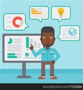 An african-american businessman pointing at charts on a board during business presentation. Man giving a business presentation. Vector flat design illustration. Square layout.. Man making business presentation.