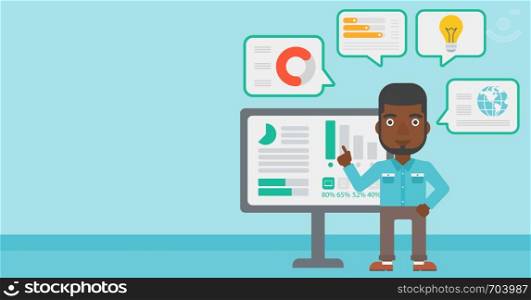 An african-american businessman pointing at charts on a board during business presentation. Man giving a business presentation. Vector flat design illustration. Horizontal layout.. Man making business presentation.