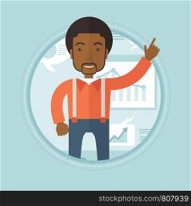 An african-american businessman pointing at charts on a board during business presentation. Man giving business presentation. Vector flat design illustration in the circle isolated on background.. Businessman giving business presentation.