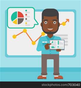 An african-american businessman pointing at the charts on laptop screen. Man presenting report with a laptop on the background of board with graph. Vector flat design illustration. Square layout.. Businessman presenting report on a laptop.