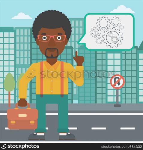 An african-american businessman pointing his forefinger at cogwheels on a city background. Vector flat design illustration. Square layout.. Businessman pointing at cogwheels.