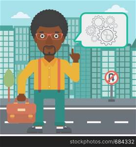 An african-american businessman pointing his forefinger at cogwheels on a city background. Vector flat design illustration. Square layout.. Businessman pointing at cogwheels.