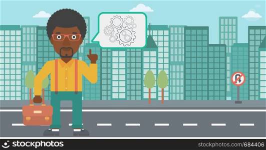 An african-american businessman pointing his forefinger at cogwheels on a city background. Vector flat design illustration. Horizontal layout.. Businessman pointing at cogwheels.