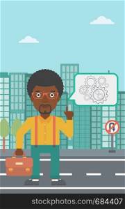 An african-american businessman pointing his forefinger at cogwheels on a city background. Vector flat design illustration. Vertical layout.. Businessman pointing at cogwheels.