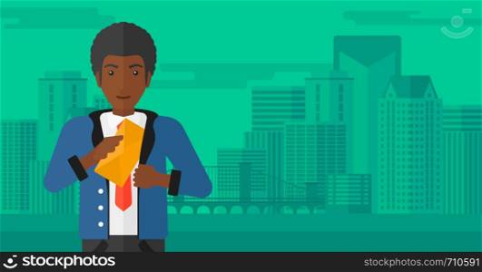 An african-american businessman putting an envelope in his pocket on the background of modern city vector flat design illustration. Horizontal layout.. Man putting envelope in pocket.