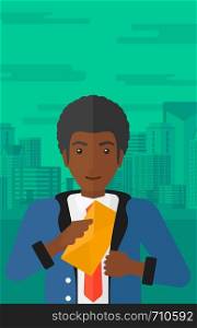 An african-american businessman putting an envelope in his pocket on the background of modern city vector flat design illustration. Vertical layout.. Man putting envelope in pocket.