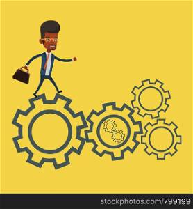 An african-american businessman running on cogwheels. Businessman running to success. Businessman running in a hurry. Concept of moving to success. Vector flat design illustration. Square layout.. Businessman running on cogwheels.