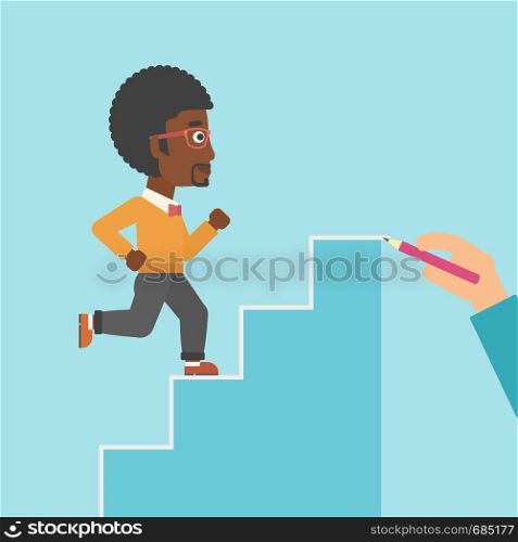 An african-american businessman running up the stairs drawn by hand with pencile. Concept of business career. Vector flat design illustration. Square layout.. Businessman running upstairs vector illustration.