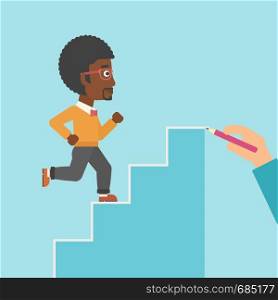 An african-american businessman running up the stairs drawn by hand with pencile. Concept of business career. Vector flat design illustration. Square layout.. Businessman running upstairs vector illustration.