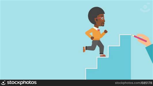 An african-american businessman running up the stairs drawn by hand with pencile. Concept of business career. Vector flat design illustration. Horizontal layout.. Businessman running upstairs vector illustration.