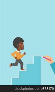 An african-american businessman running up the stairs drawn by hand with pencile. Concept of business career. Vector flat design illustration. Vertical layout.. Businessman running upstairs vector illustration.