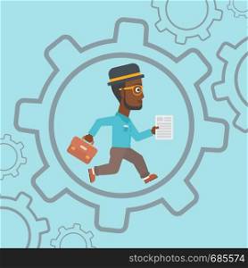 An african-american businessman running with a briefcase and a document inside the gear. Concept of stress in business. Vector flat design illustration. Square layout.. Businessman running inside the gear.