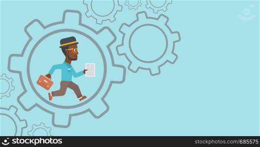 An african-american businessman running with a briefcase and a document inside the gear. Concept of stress in business. Vector flat design illustration. Horizontal layout.. Businessman running inside the gear.