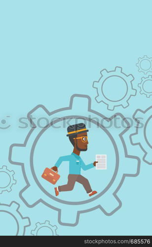 An african-american businessman running with a briefcase and a document inside the gear. Concept of stress in business. Vector flat design illustration. Vertical layout.. Businessman running inside the gear.