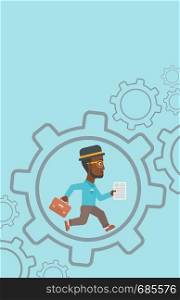 An african-american businessman running with a briefcase and a document inside the gear. Concept of stress in business. Vector flat design illustration. Vertical layout.. Businessman running inside the gear.