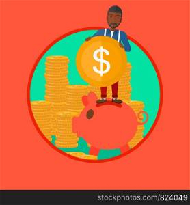 An african-american businessman saving his money. Businessman putting a coin in a big piggy bank. Concept of business success. Vector flat design illustration in the circle isolated on background.. Man putting coin in piggy bank vector illustration