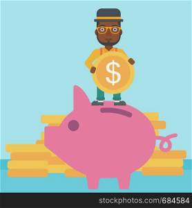 An african-american businessman saving money by putting a coin in a big piggy bank on a background of stacks of gold coins. Vector flat design illustration. Square layout.. Man putting coin in piggy bank vector illustration