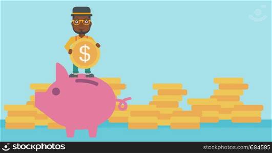 An african-american businessman saving money by putting a coin in a big piggy bank on a background of stacks of gold coins. Vector flat design illustration. Horizontal layout.. Man putting coin in piggy bank vector illustration