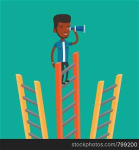An african-american businessman searching for opportunities. Businessman using spyglass for searching of opportunities. Business opportunities concept. Vector flat design illustration. Square layout.. Businessman looking for business opportunities.
