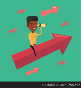 An african-american businessman searching for opportunities. Businessman using spyglass for searching of opportunities. Business opportunities concept. Vector flat design illustration. Square layout.. Businessman looking through spyglass.