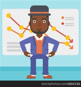 An african-american businessman showing his epmty pockets on the background of board with decreasing chart. Bankruptcy concept. Vector flat design illustration. Square layout.. Bancrupt business man vector illustration.