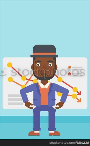 An african-american businessman showing his epmty pockets on the background of board with decreasing chart. Bankruptcy concept. Vector flat design illustration. Vertical layout.. Bancrupt business man vector illustration.