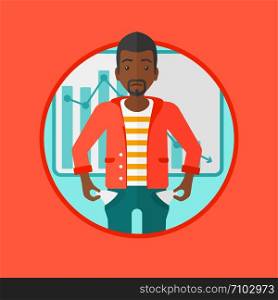 An african-american businessman showing his epmty pockets on the background of decreasing chart. Concept of business bankruptcy. Vector flat design illustration in the circle isolated on background.. Bancrupt business man vector illustration.