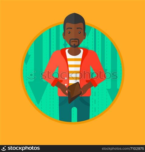 An african-american businessman showing his epmty purse on the background of decreasing chart. Concept of business bankruptcy. Vector flat design illustration in the circle isolated on background.. Bancrupt business man vector illustration.