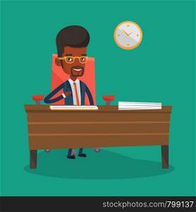 An african-american businessman signing contract in office. Man is about to sign a business contract. Confirmation of transaction by signing of contract. Vector flat design illustration. Square layout. Signing of business contract vector illustration.