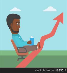 An african-american businessman sitting in a chair and reading a book while his legs lay on an uprising arrow. Business study concept. Vector flat design illustration. Square layout.. Businessman reading book vector illustration.
