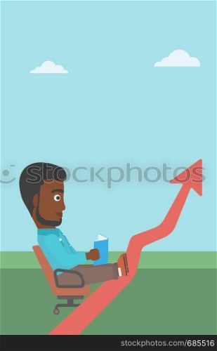 An african-american businessman sitting in a chair and reading a book while his legs lay on an uprising arrow. Business study concept. Vector flat design illustration. Vertical layout.. Businessman reading book vector illustration.